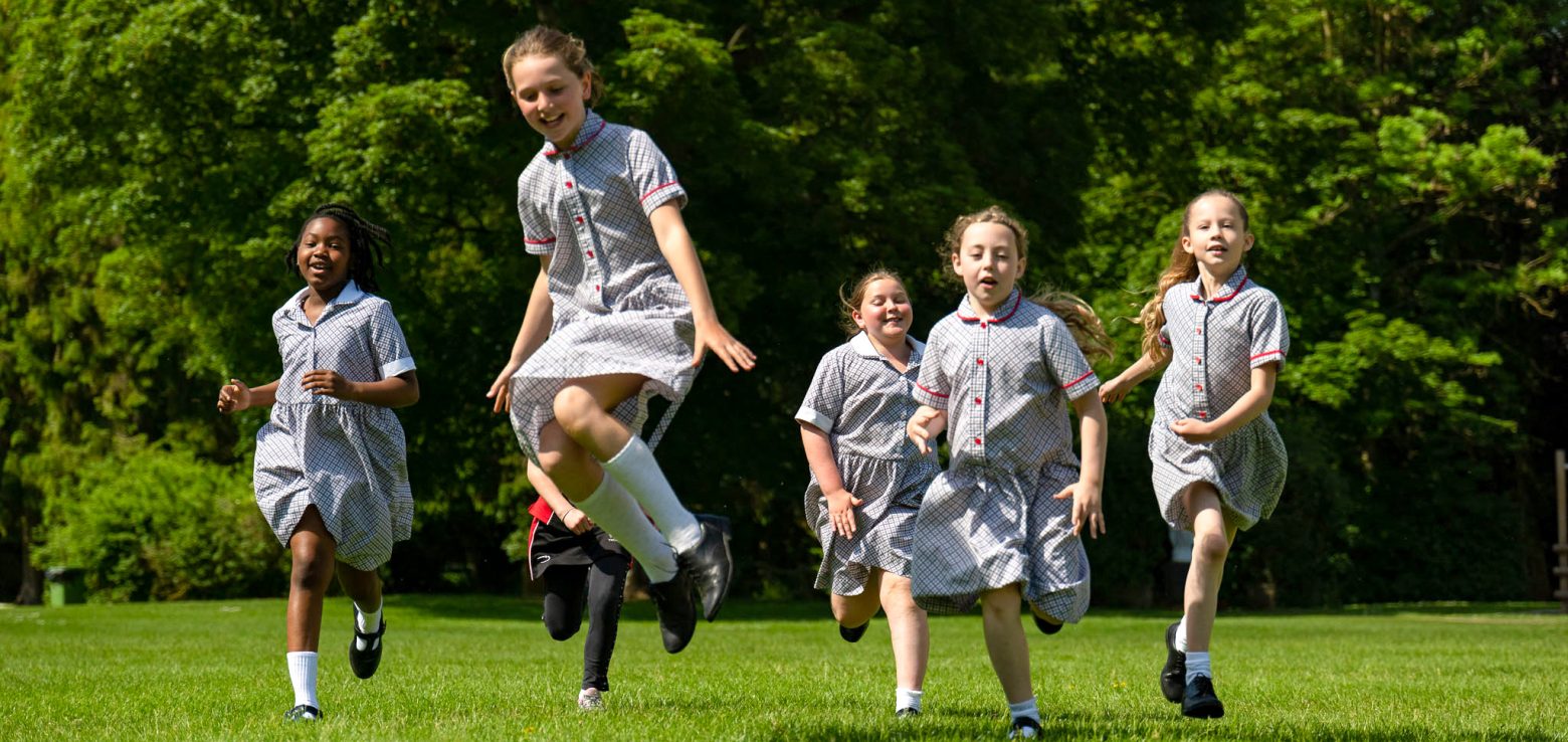 girls running and jumping