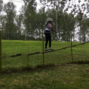 child crossing a wooden ladder