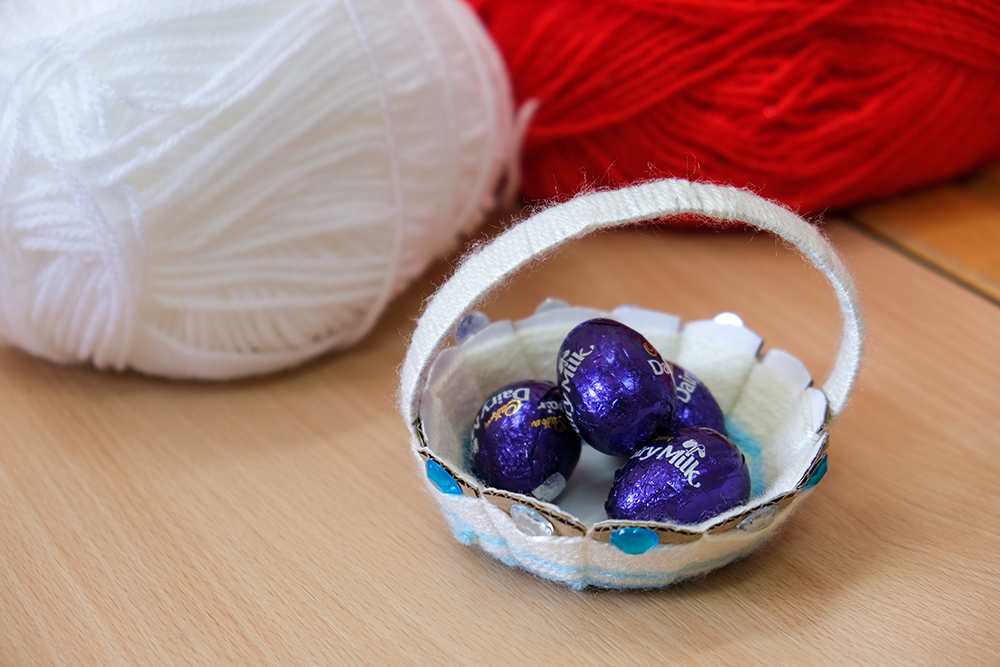 An easter basket with chocolate eggs