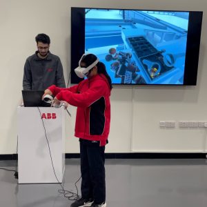 girl trying a vr headset on