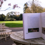 A book propped open on a wooden outdoor table